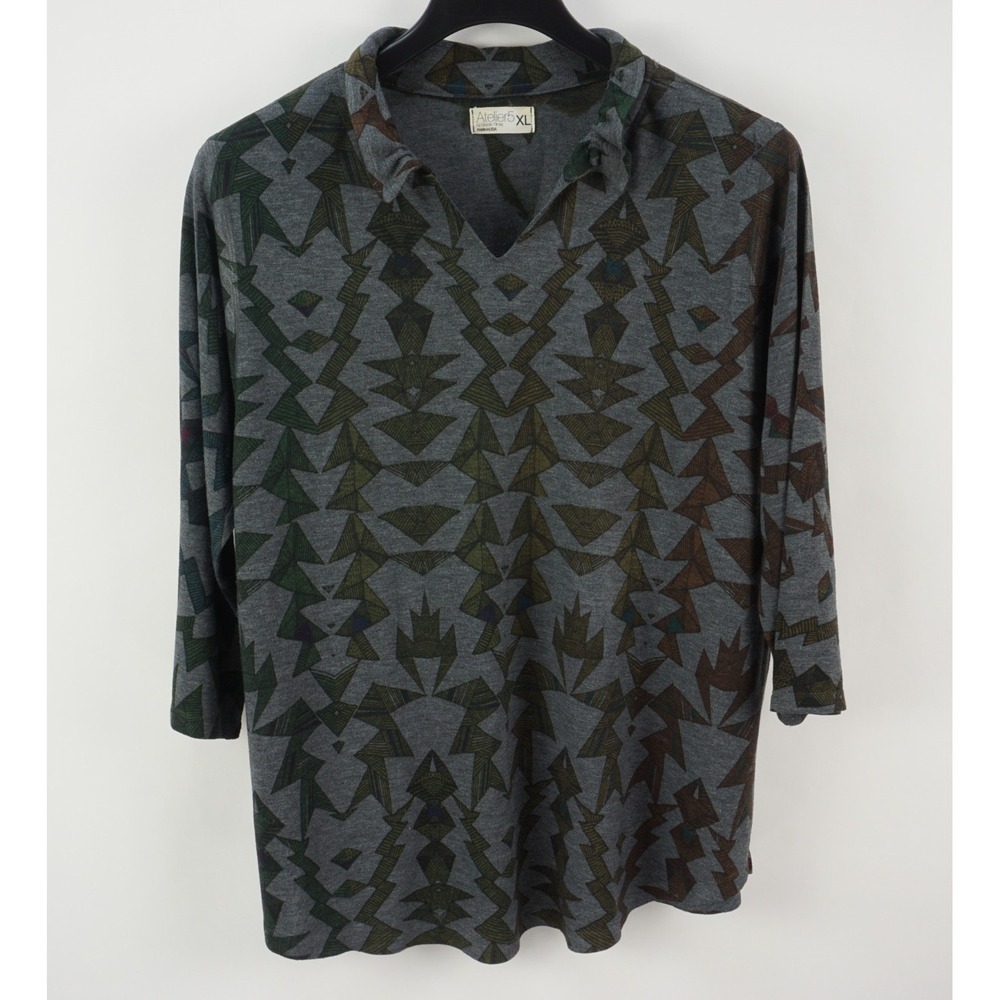 Atelier 5 Gozde Yilmaz Tunic Top Women XL Knit Gray Green Geometric Metal Collar